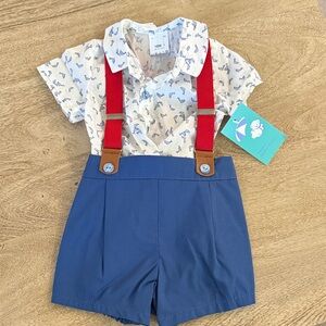 Baby Outfit with Red Suspenders and Blue Shorts